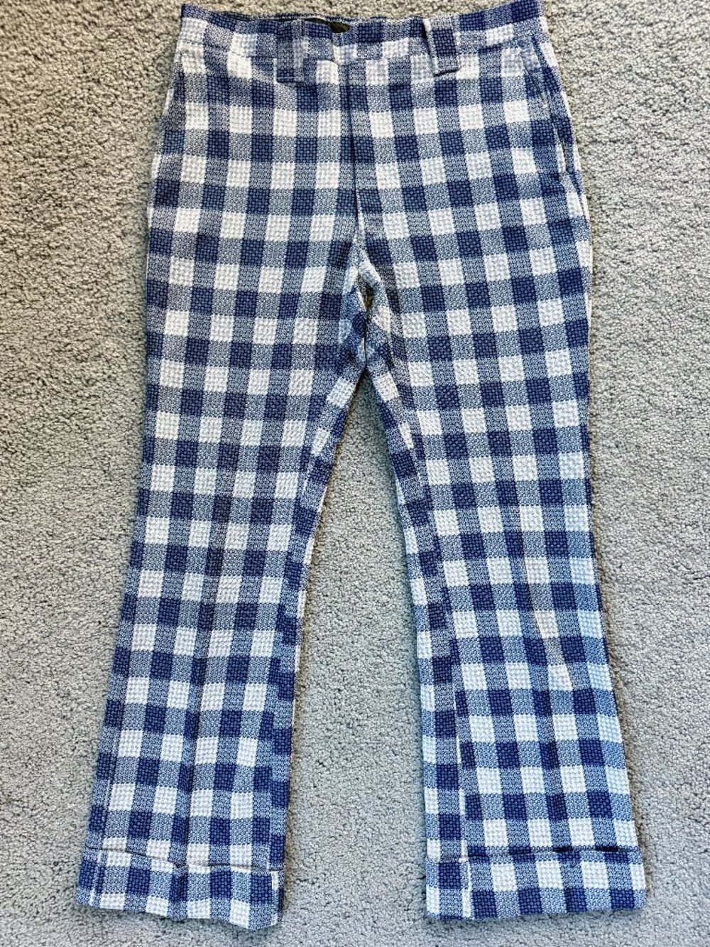 Vtg 70s Haggar Double Knit Gingham Plaid Slacks Blue White Flare Pants 34